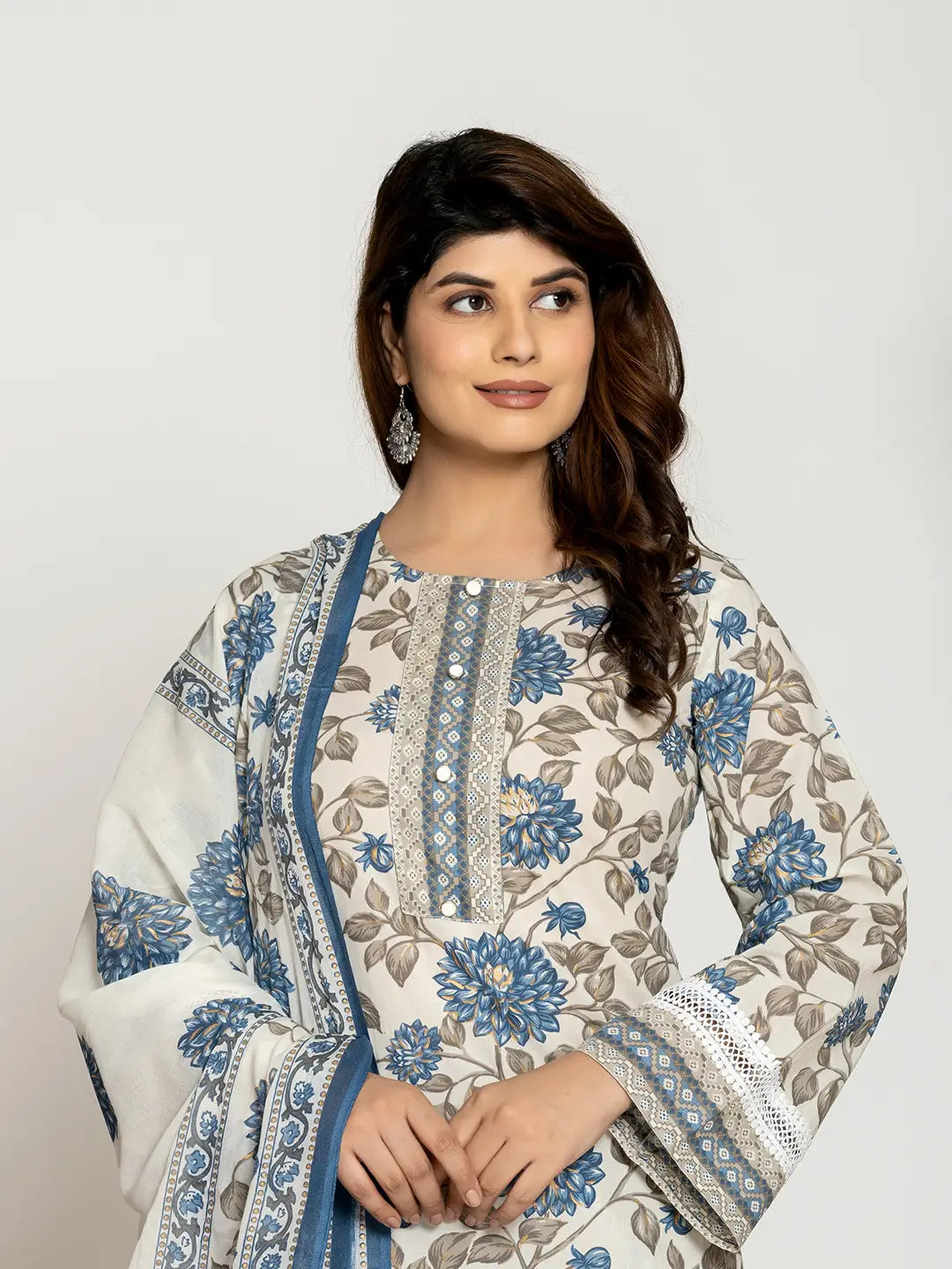 Yufta Blue And Off White Cotton Pakistani Style Kurta Dupatta Set