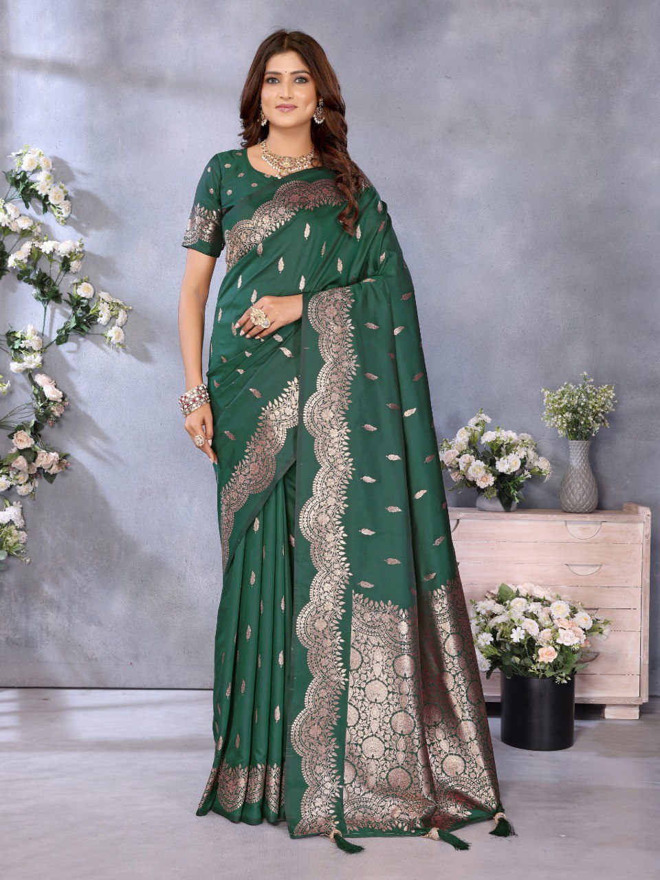 Anaita Dark Green Premium Banarasi Tissue Silk Saree With Gala Weaving Work - Distacart