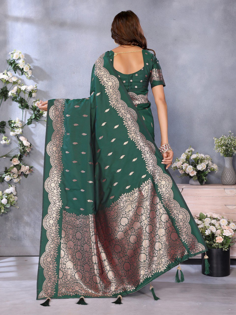 Anaita Dark Green Premium Banarasi Tissue Silk Saree With Gala Weaving Work - Distacart