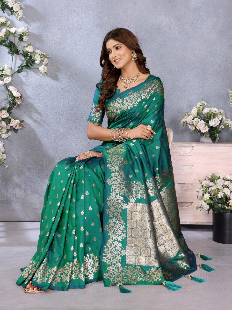 Anaita Green Premium Banarasi Tissue Silk Saree With Gala Weaving Work - Distacart