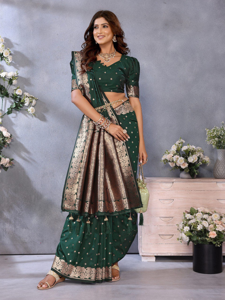 Anaita Dark Green Premium Banarasi Tissue Silk Saree With Gala Weaving Work - Distacart