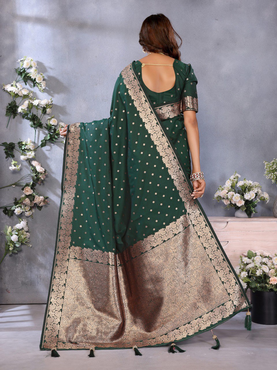 Anaita Dark Green Premium Banarasi Tissue Silk Saree With Gala Weaving Work - Distacart