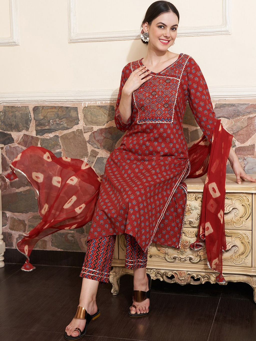 Sangria Maroon Ethnic Motifs Printed Mirror Work Pure Cotton Kurta with Trousers & Dupatta