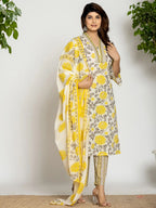 Yufta Yellow And Off White Cotton Pakistani Style Kurta Dupatta Set