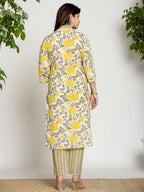 Yufta Yellow And Off White Cotton Pakistani Style Kurta Dupatta Set