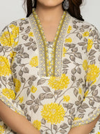 Yufta Yellow And Off White Cotton Pakistani Style Kurta Dupatta Set