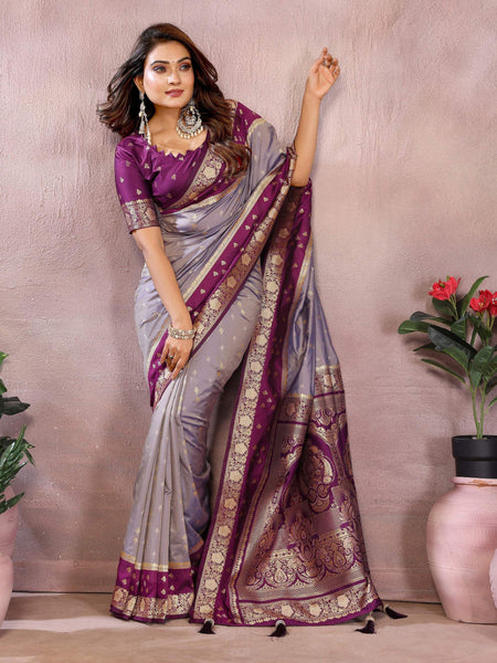 Anaita Lavender Handloom Kalamkari Silk Saree With Zari Woven Work