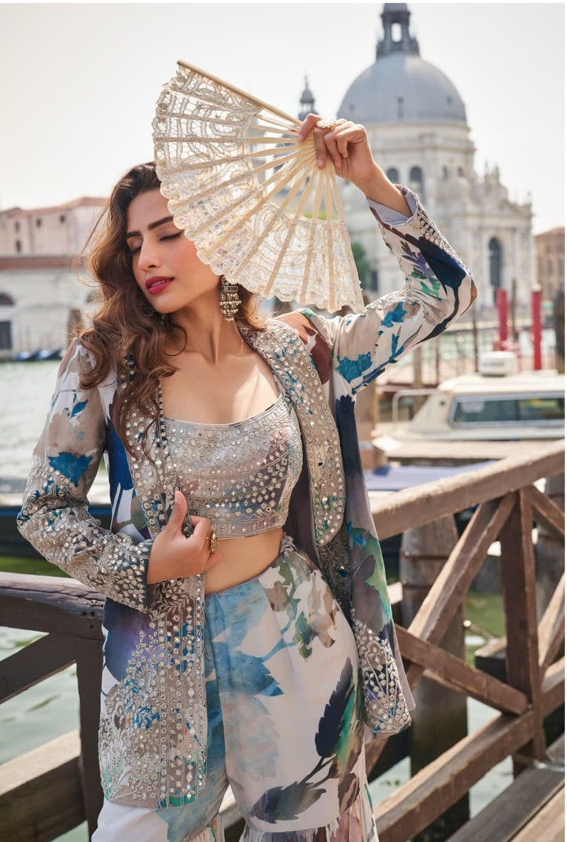 Anaita Navy Chinon Silk Stitched 3 Piece Set With Embroiderd Work - Distacart