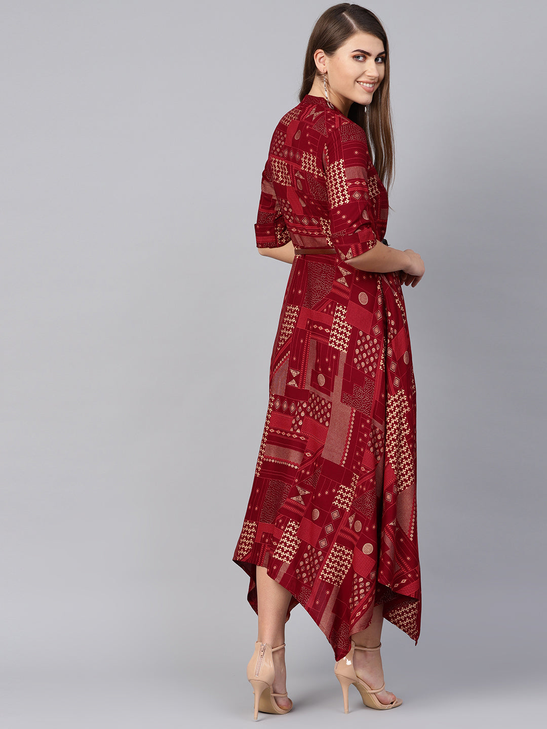 Juniper Womens Maroon Rayon Geometric Foil Printed Handkerchief Dress - Distacart