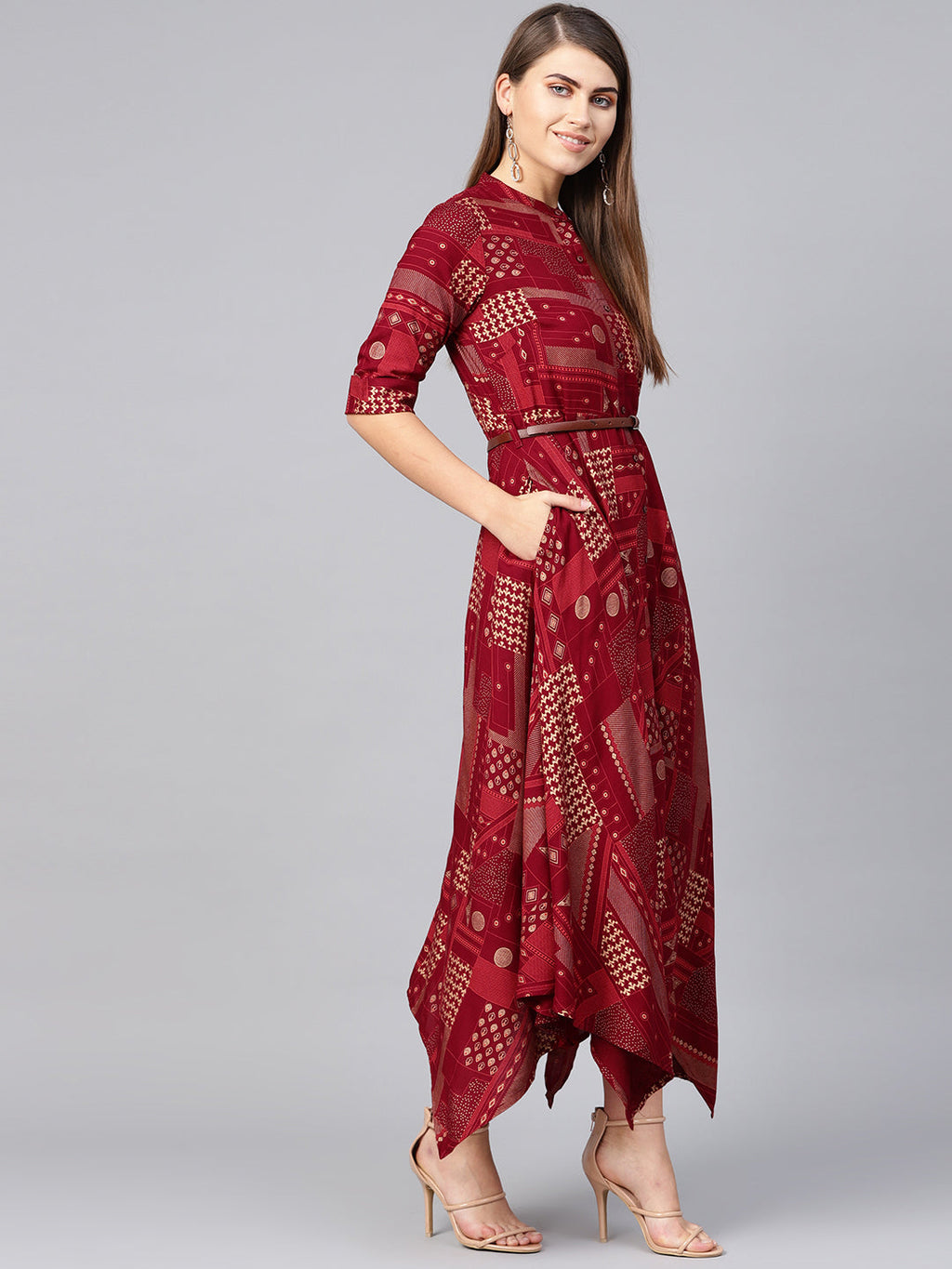 Juniper Womens Maroon Rayon Geometric Foil Printed Handkerchief Dress - Distacart