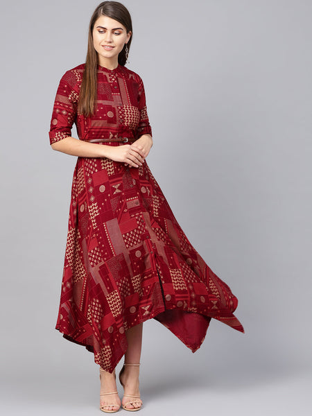 Juniper Womens Maroon Rayon Geometric Foil Printed Handkerchief Dress