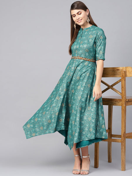Juniper Women Teal Rayon Printed Asymmetric Dress