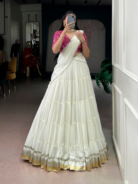 Lorenvalley Fashion White Marbel Fabric with Embossed Design Lace With Gota Patti Touch Up Lehenga Choli with Dupatta
