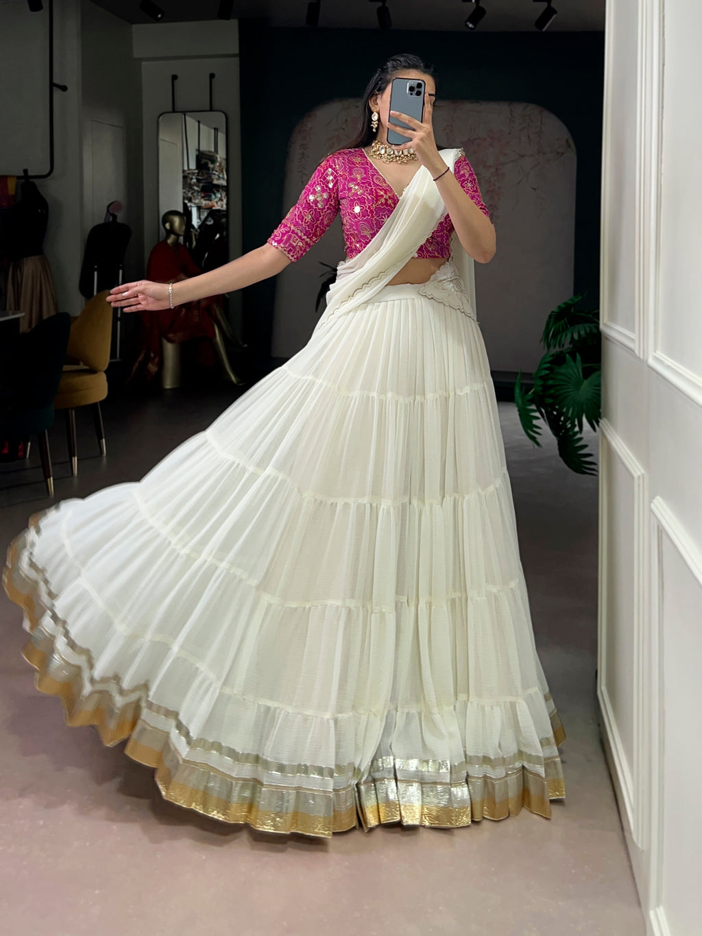 Lorenvalley Fashion White Marbel Fabric with Embossed Design Lace With Gota Patti Touch Up Lehenga Choli with Dupatta - Distacart