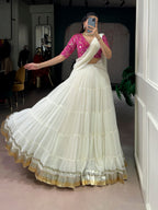 Lorenvalley Fashion White Marbel Fabric with Embossed Design Lace With Gota Patti Touch Up Lehenga Choli with Dupatta - Distacart