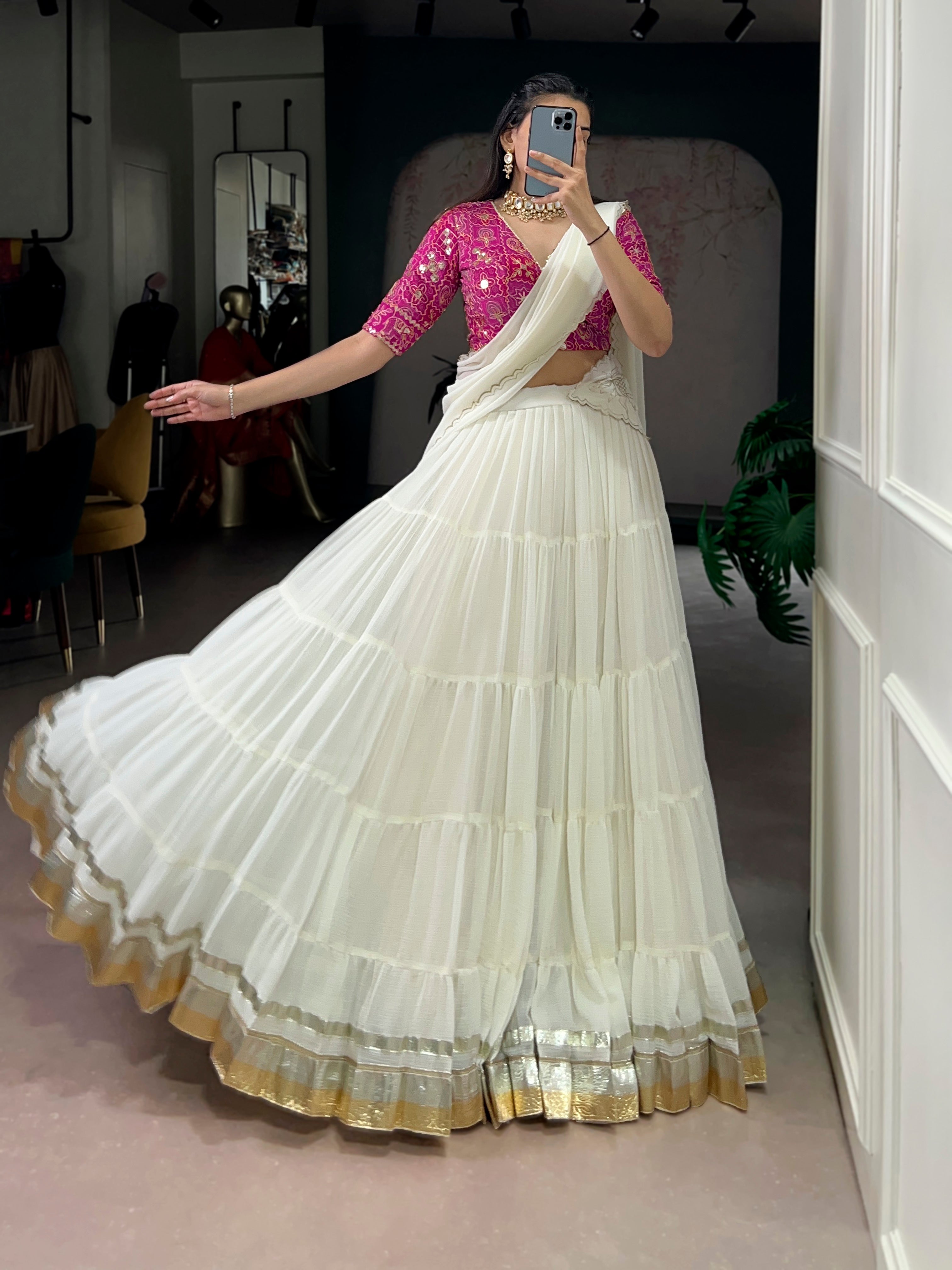 Lorenvalley Fashion White Marbel Fabric with Embossed Design Lace With Gota Patti Touch Up Lehenga Choli with Dupatta - Distacart