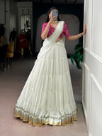 Lorenvalley Fashion White Marbel Fabric with Embossed Design Lace With Gota Patti Touch Up Lehenga Choli with Dupatta - Distacart