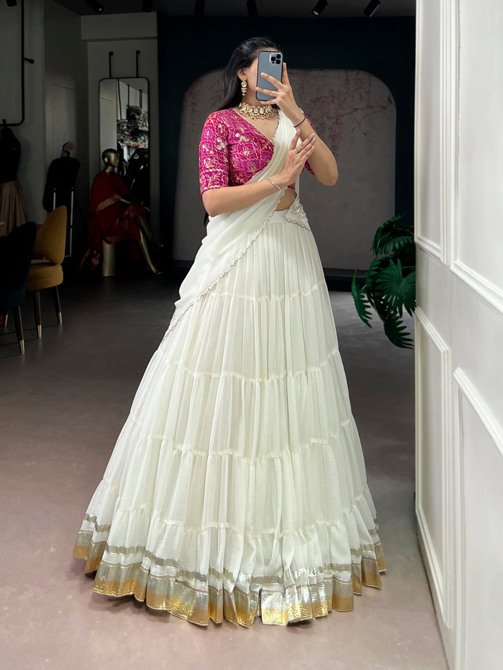 Lorenvalley Fashion White Marbel Fabric with Embossed Design Lace With Gota Patti Touch Up Lehenga Choli with Dupatta - Distacart