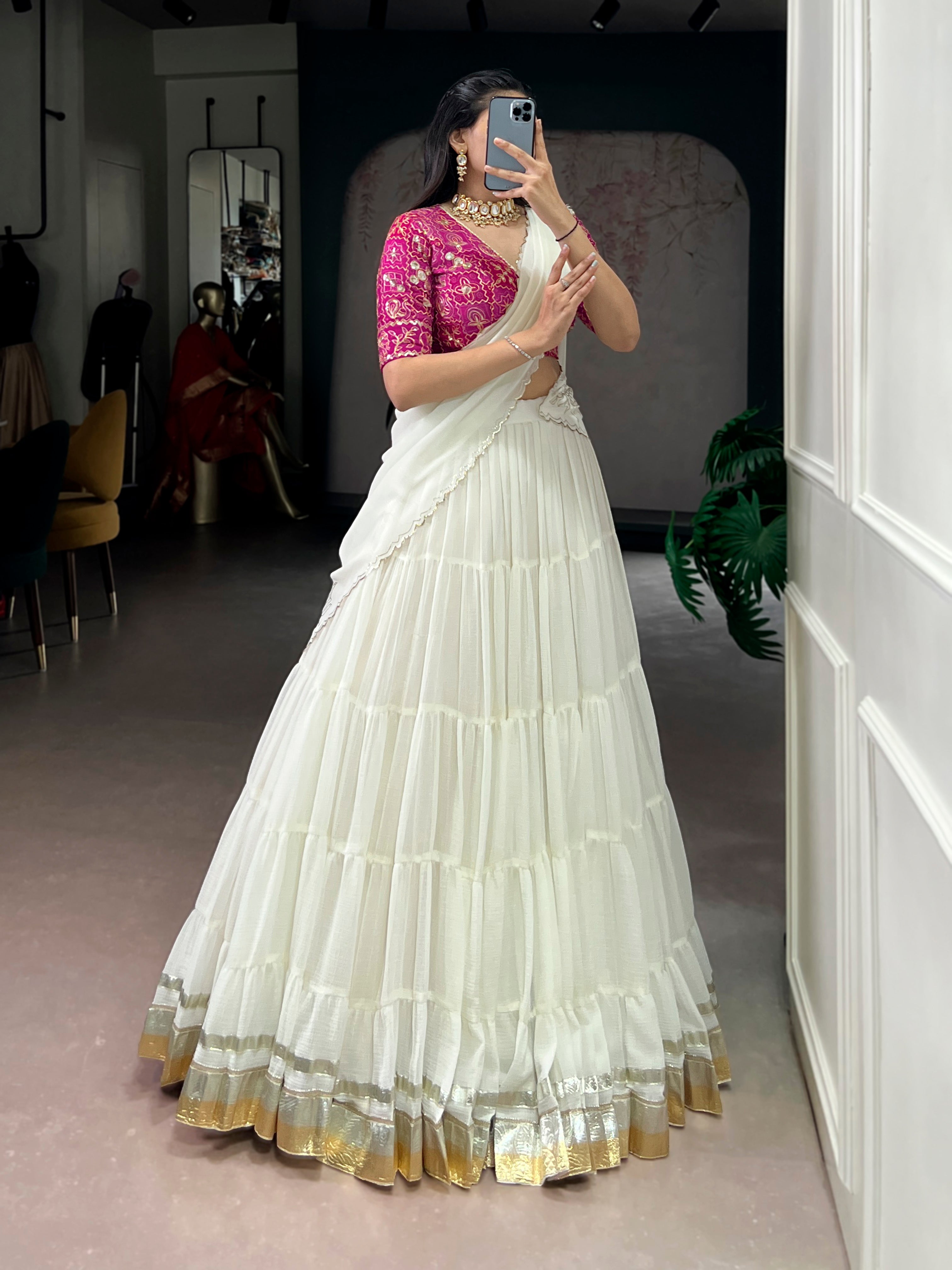 Lorenvalley Fashion White Marbel Fabric with Embossed Design Lace With Gota Patti Touch Up Lehenga Choli with Dupatta - Distacart