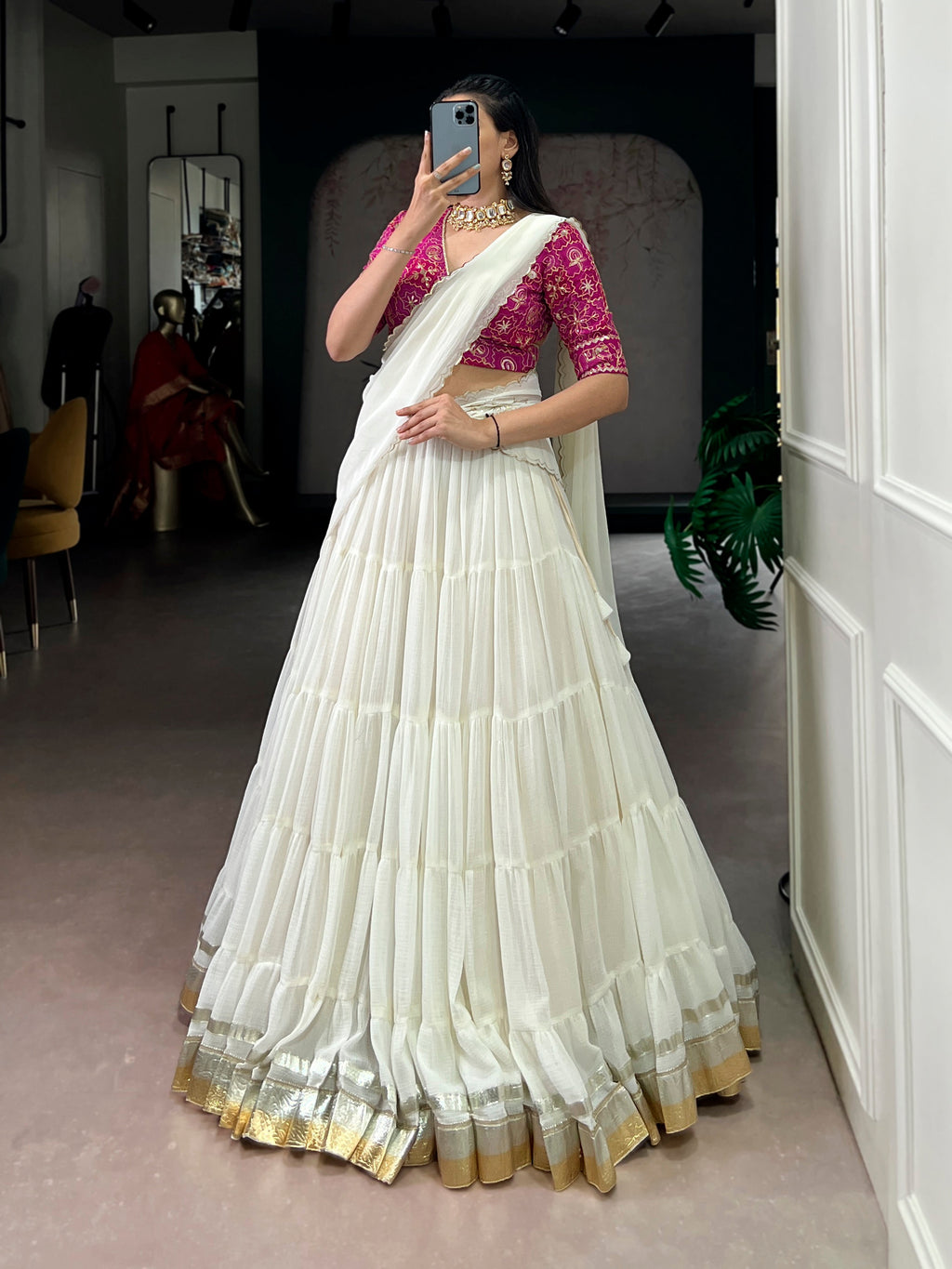 Lorenvalley Fashion White Marbel Fabric with Embossed Design Lace With Gota Patti Touch Up Lehenga Choli with Dupatta - Distacart
