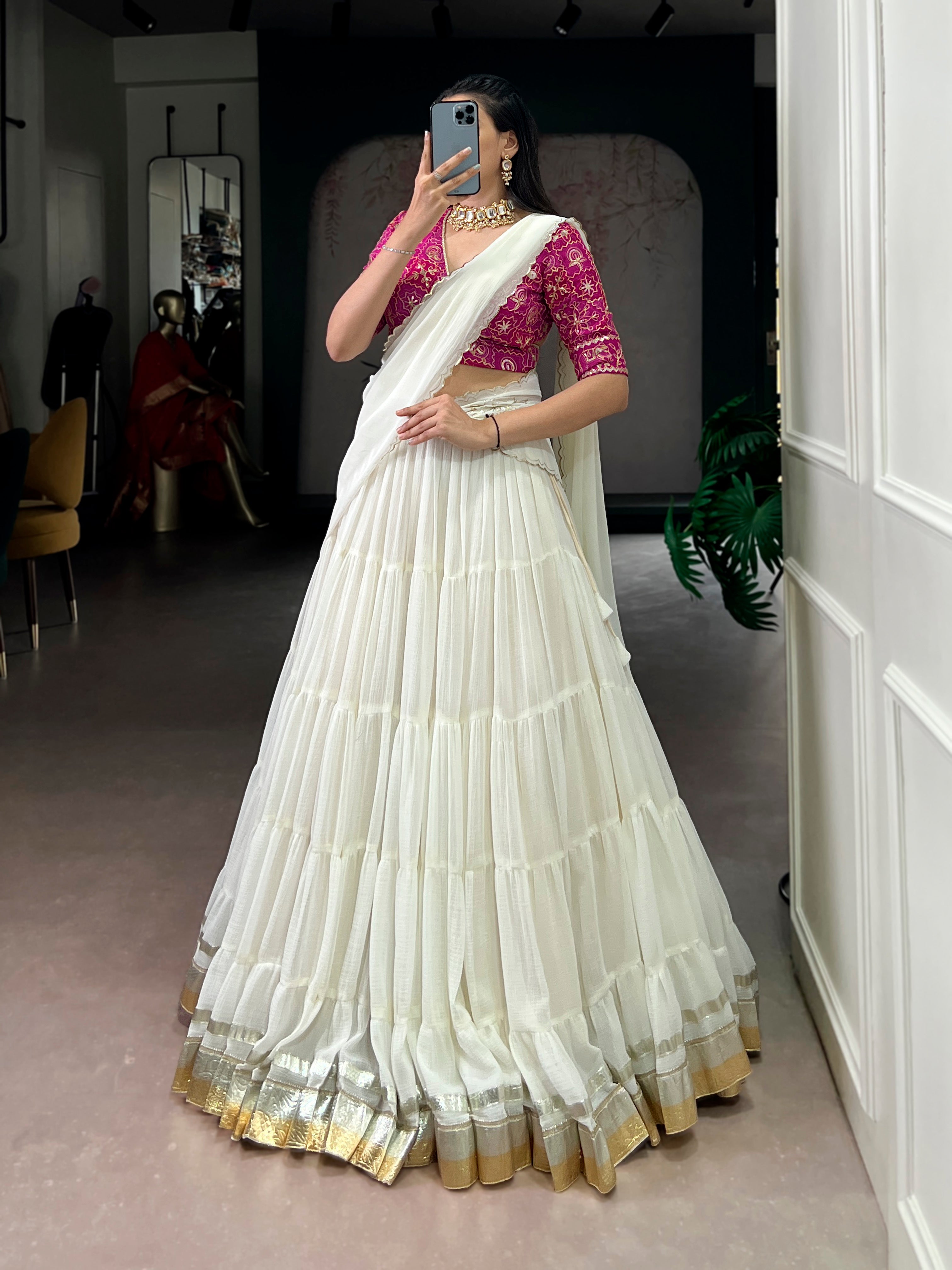 Lorenvalley Fashion White Marbel Fabric with Embossed Design Lace With Gota Patti Touch Up Lehenga Choli with Dupatta - Distacart