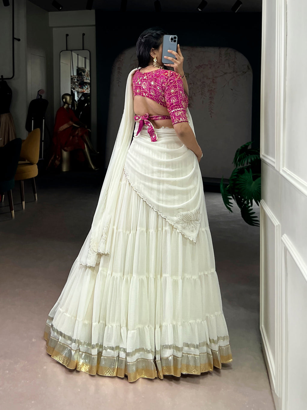 Lorenvalley Fashion White Marbel Fabric with Embossed Design Lace With Gota Patti Touch Up Lehenga Choli with Dupatta - Distacart