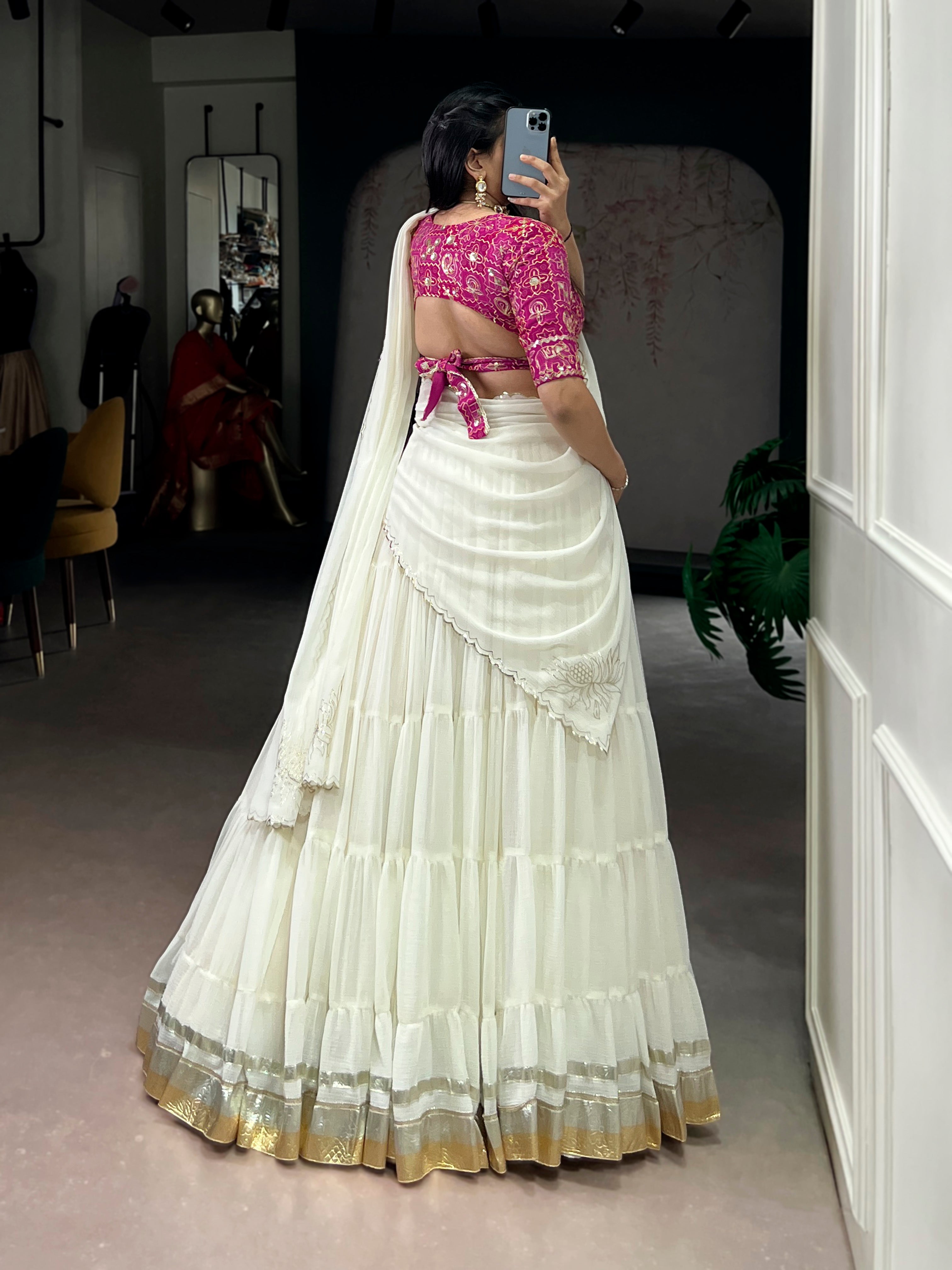 Lorenvalley Fashion White Marbel Fabric with Embossed Design Lace With Gota Patti Touch Up Lehenga Choli with Dupatta - Distacart
