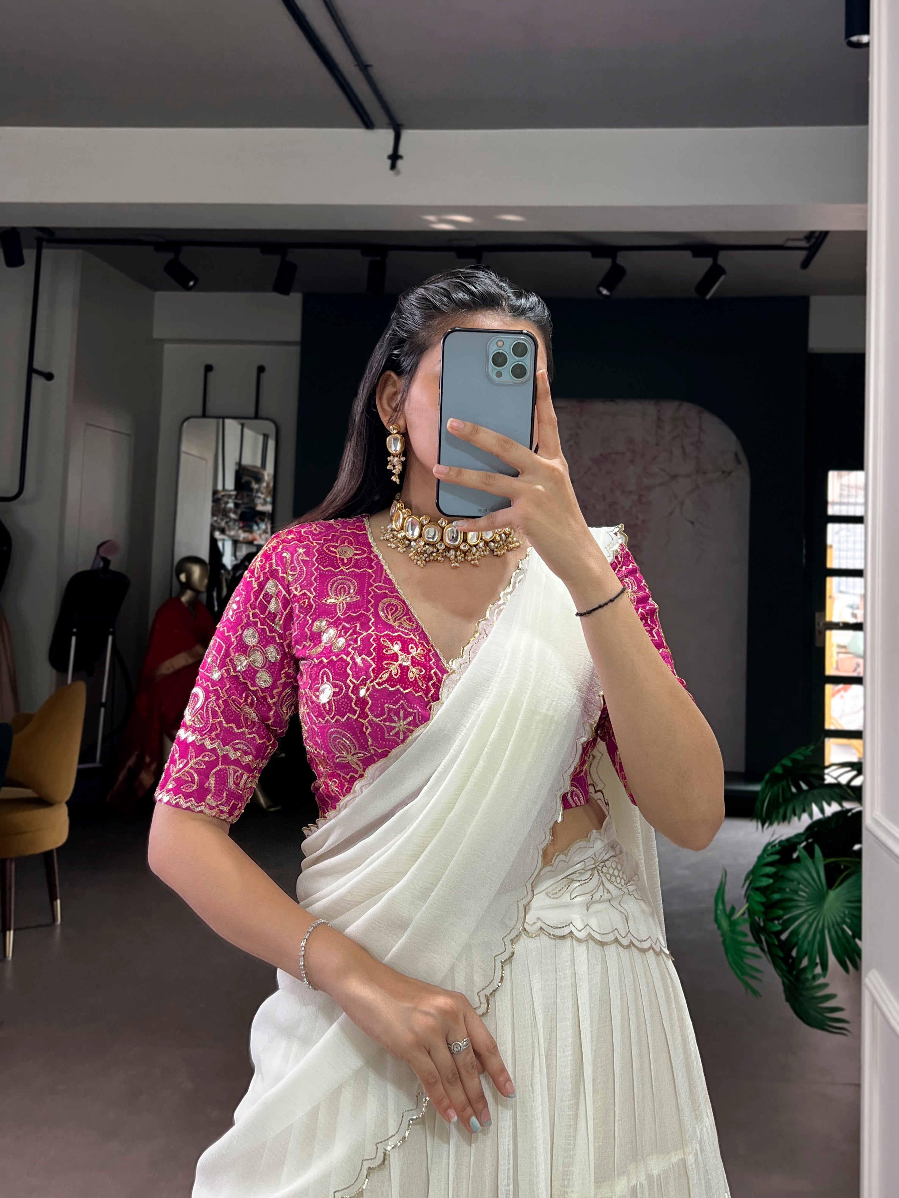 Lorenvalley Fashion White Marbel Fabric with Embossed Design Lace With Gota Patti Touch Up Lehenga Choli with Dupatta - Distacart