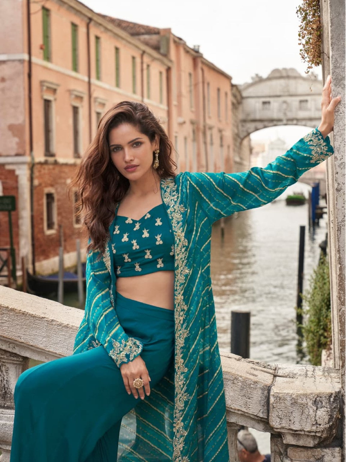 Anaita Emerald Chinon Silk Stitched Shrug Suit With Embroidery Sequence Work - Distacart