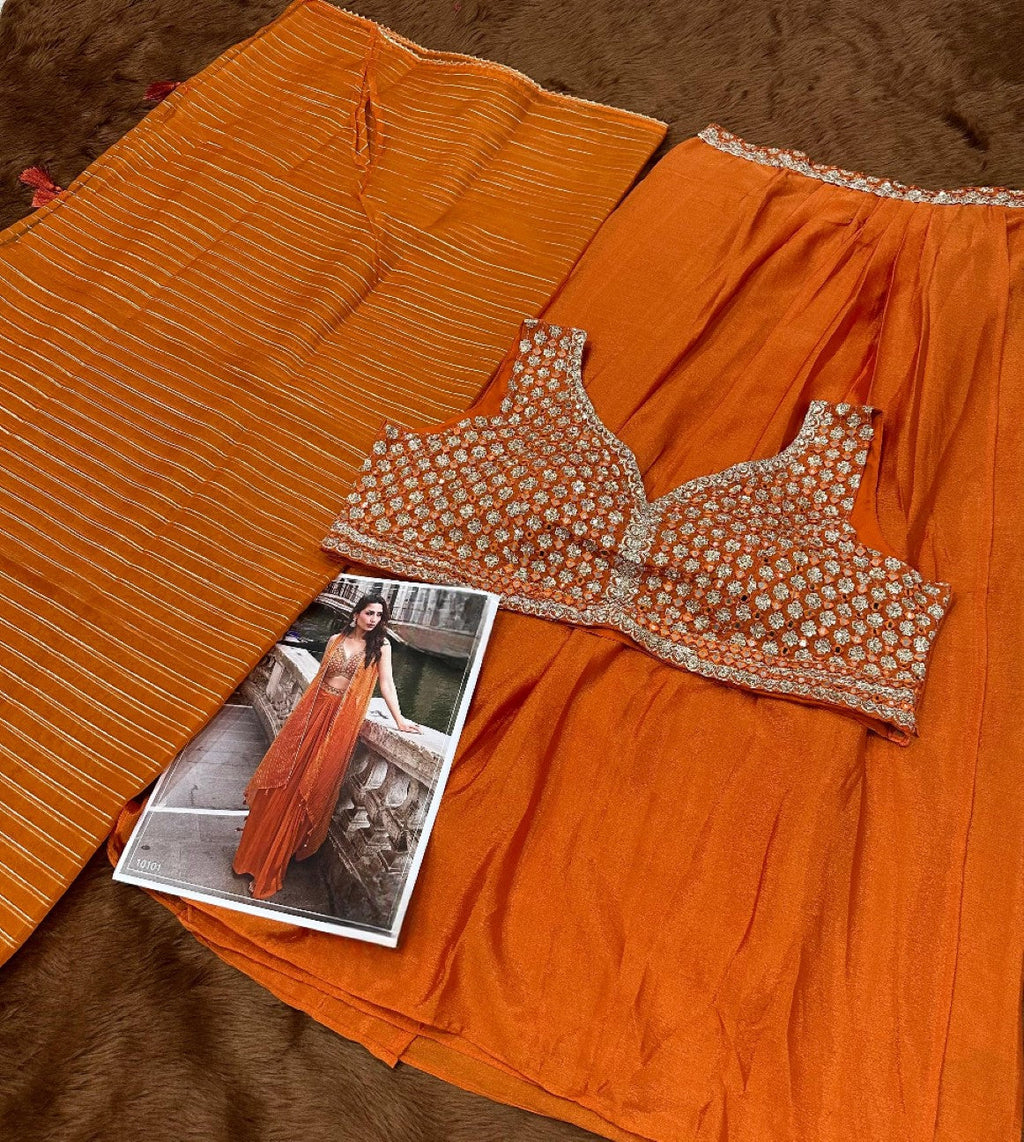 Anaita Orange Chinon Silk Stitched Shrug Suit With Embroidery Sequence Work - Distacart