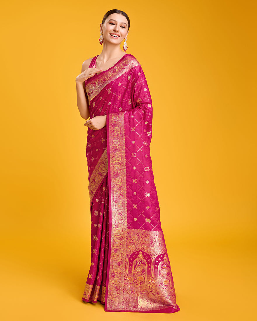 Monjolika Fashion Blushing Magenta Banarasi Satin Zari Woven Work Enhanced Elegance Silk Saree