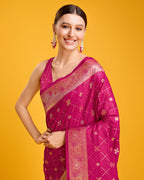 Monjolika Fashion Blushing Magenta Banarasi Satin Zari Woven Work Enhanced Elegance Silk Saree