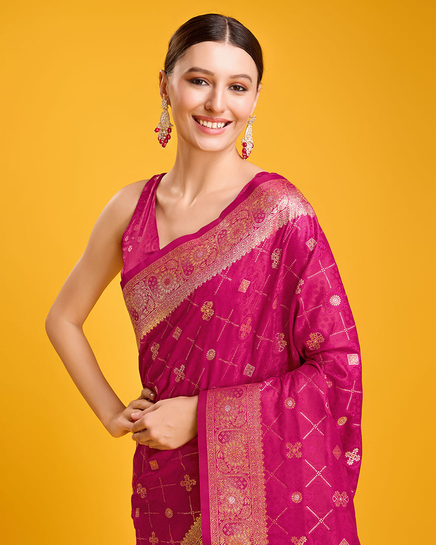 Monjolika Fashion Blushing Magenta Banarasi Satin Zari Woven Work Enhanced Elegance Silk Saree