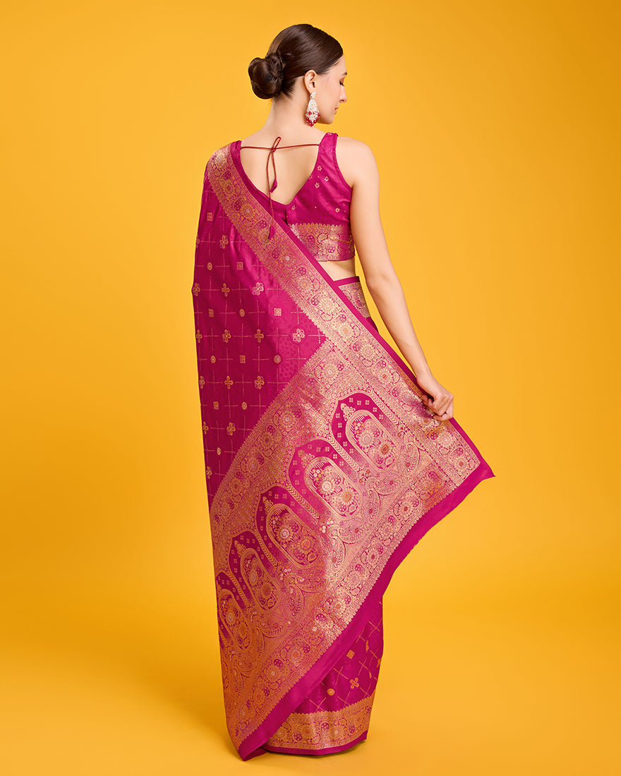 Monjolika Fashion Blushing Magenta Banarasi Satin Zari Woven Work Enhanced Elegance Silk Saree