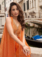 Anaita Orange Chinon Silk Stitched Shrug Suit With Embroidery Sequence Work - Distacart