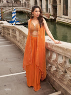 Anaita Orange Chinon Silk Stitched Shrug Suit With Embroidery Sequence Work - Distacart