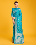 Monjolika Fashion Blushing Cyan Color Banarasi Satin Zari Woven Work Enhanced Elegance Silk Saree - Distacart