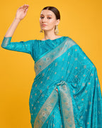 Monjolika Fashion Blushing Cyan Color Banarasi Satin Zari Woven Work Enhanced Elegance Silk Saree - Distacart