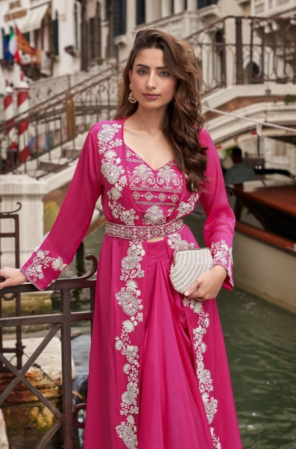 Anaita Magenta Chinon Silk Stitched Shrug Suit With Embroidery Sequence Work - Distacart
