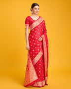 Monjolika Fashion Blushing Red Banarasi Satin Zari Woven Work Enhanced Elegance Silk Saree
