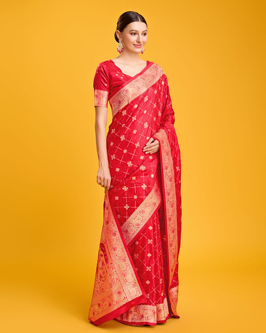 Monjolika Fashion Blushing Red Banarasi Satin Zari Woven Work Enhanced Elegance Silk Saree