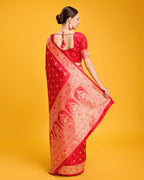 Monjolika Fashion Blushing Red Banarasi Satin Zari Woven Work Enhanced Elegance Silk Saree