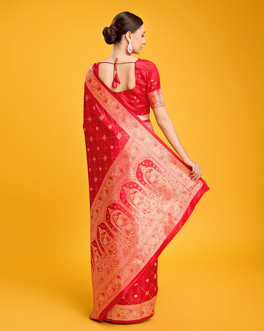 Monjolika Fashion Blushing Red Banarasi Satin Zari Woven Work Enhanced Elegance Silk Saree