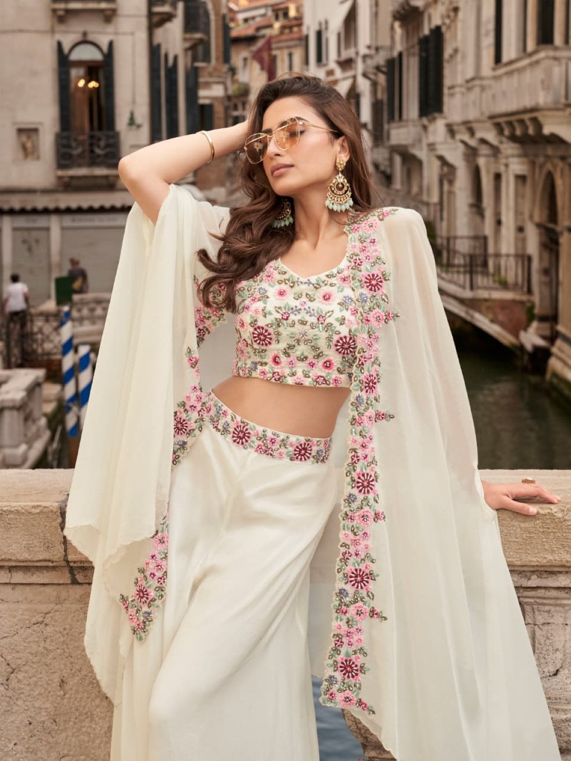 Anaita White Chinon Silk Stitched Shrug Suit With Embroidery Sequence Work - Distacart