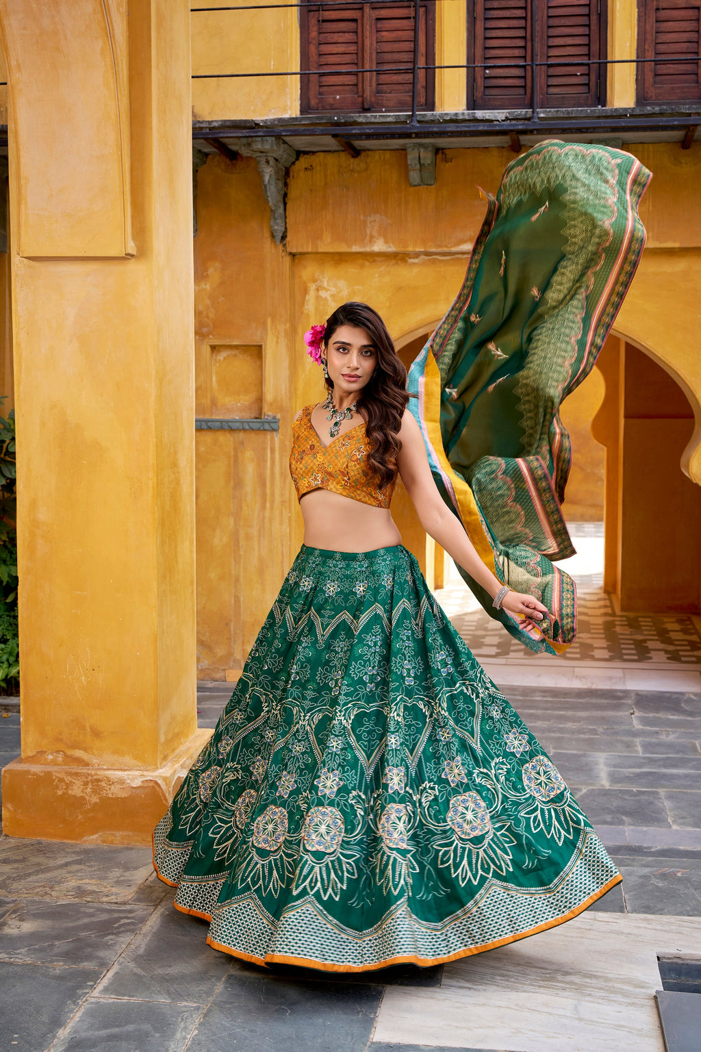 Lorenvalley Fashion Green Vaishali silk Printed with Beads Work and Gota Patti Lace Lehenga Choli with Dupatta - Distacart