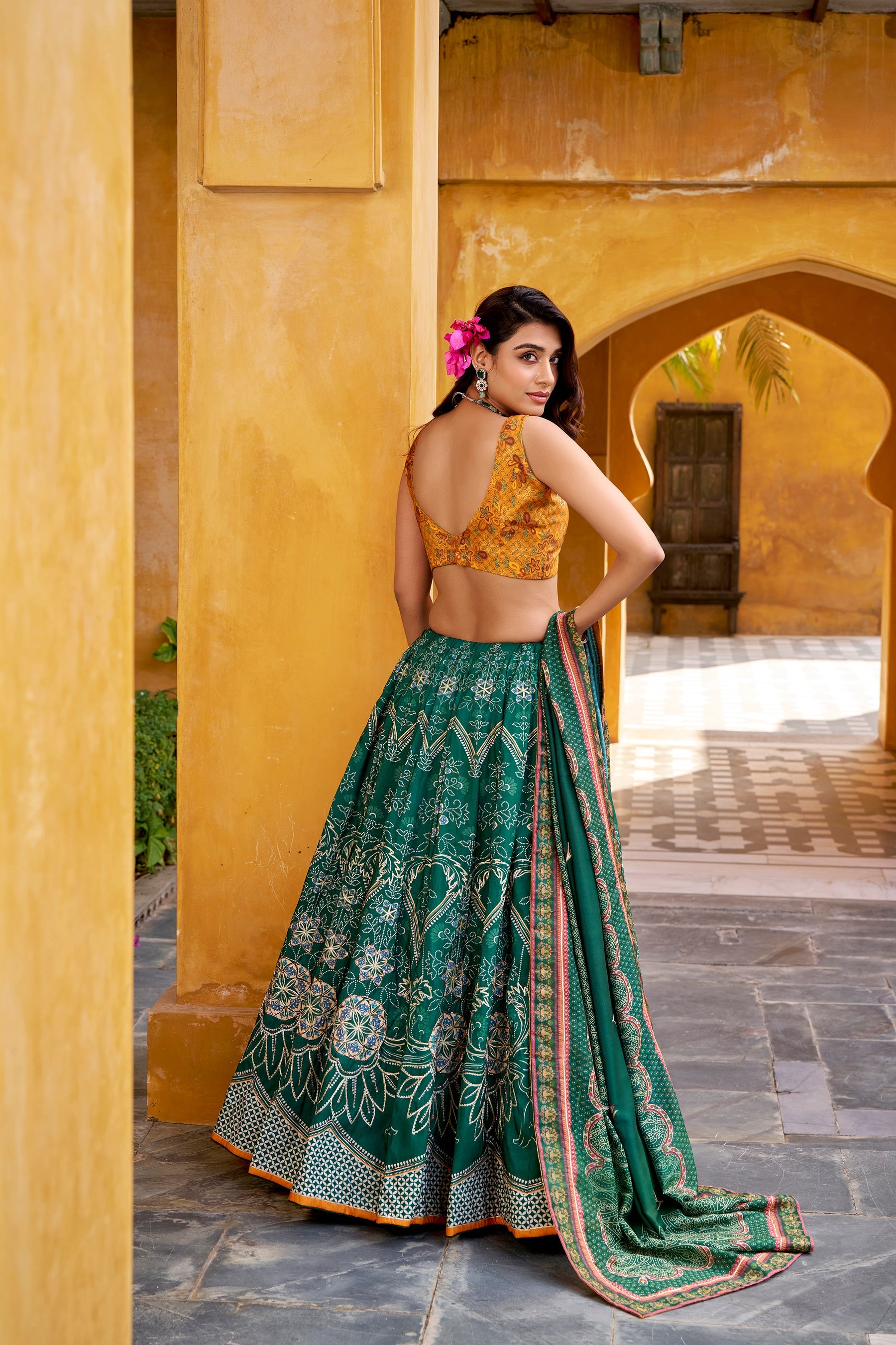 Lorenvalley Fashion Green Vaishali silk Printed with Beads Work and Gota Patti Lace Lehenga Choli with Dupatta - Distacart