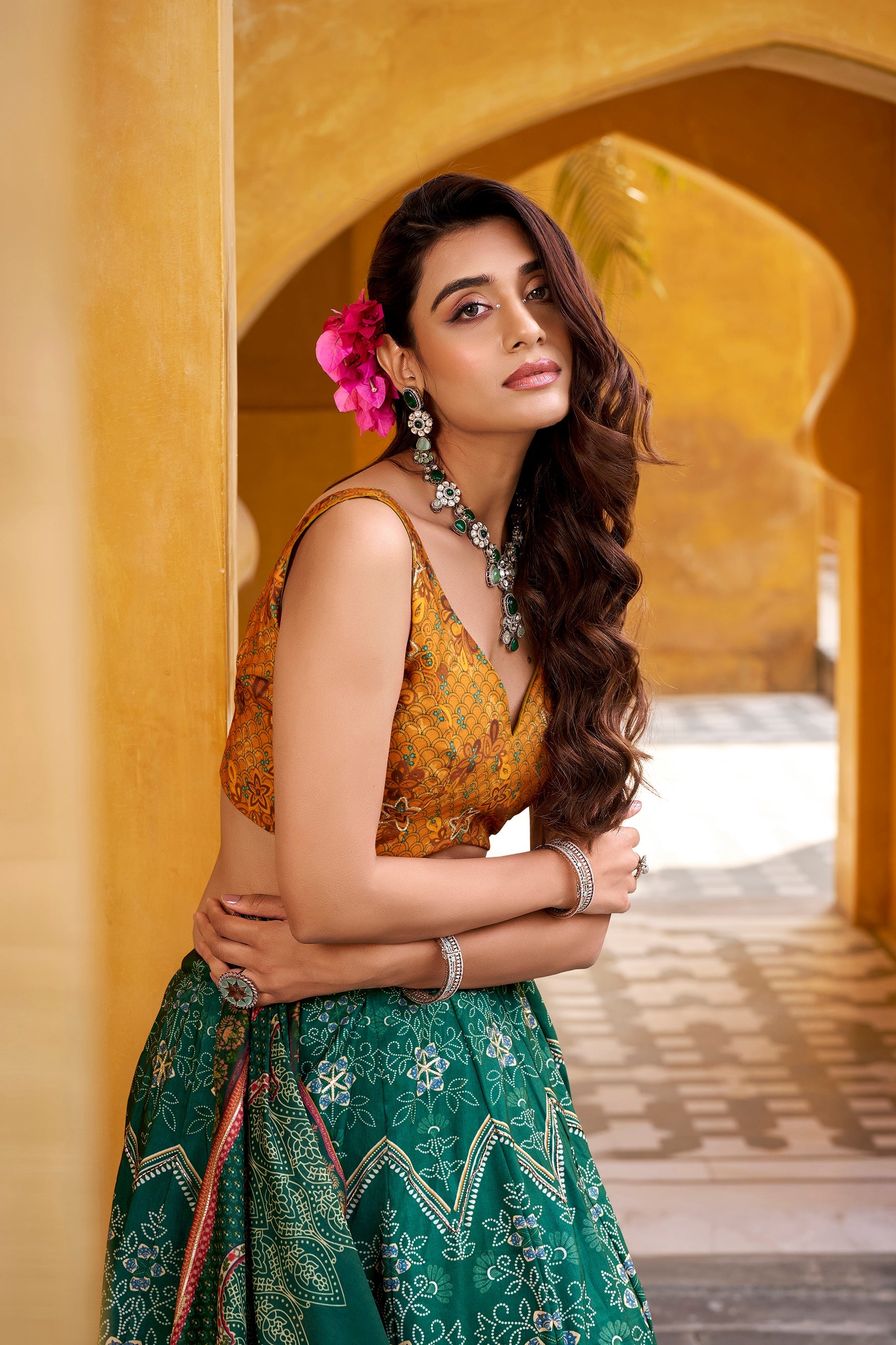 Lorenvalley Fashion Green Vaishali silk Printed with Beads Work and Gota Patti Lace Lehenga Choli with Dupatta - Distacart