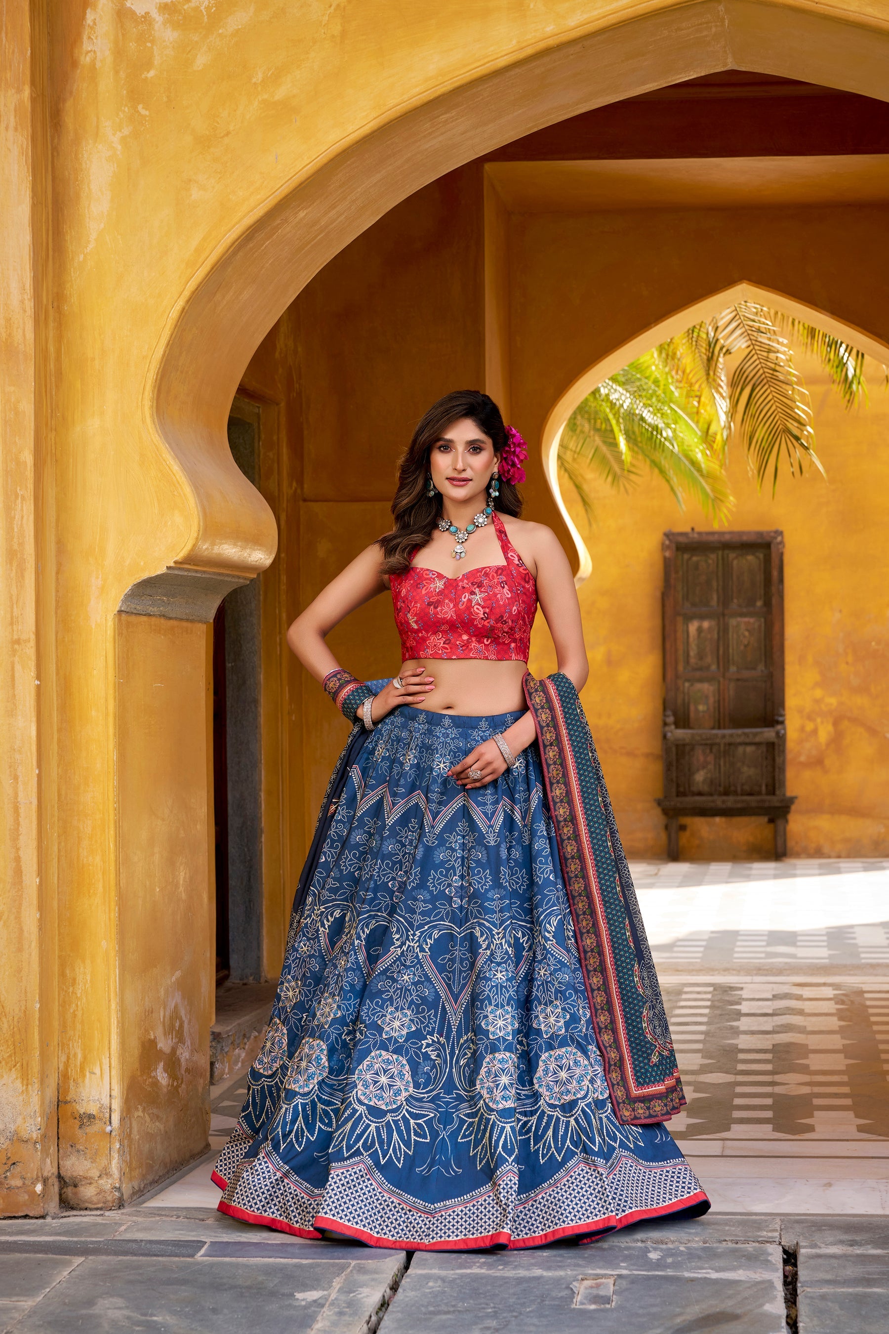 Lorenvalley Fashion Blue Vaishali silk Printed with Beads Work and Gota Patti Lace Lehenga Choli with Dupatta - Distacart