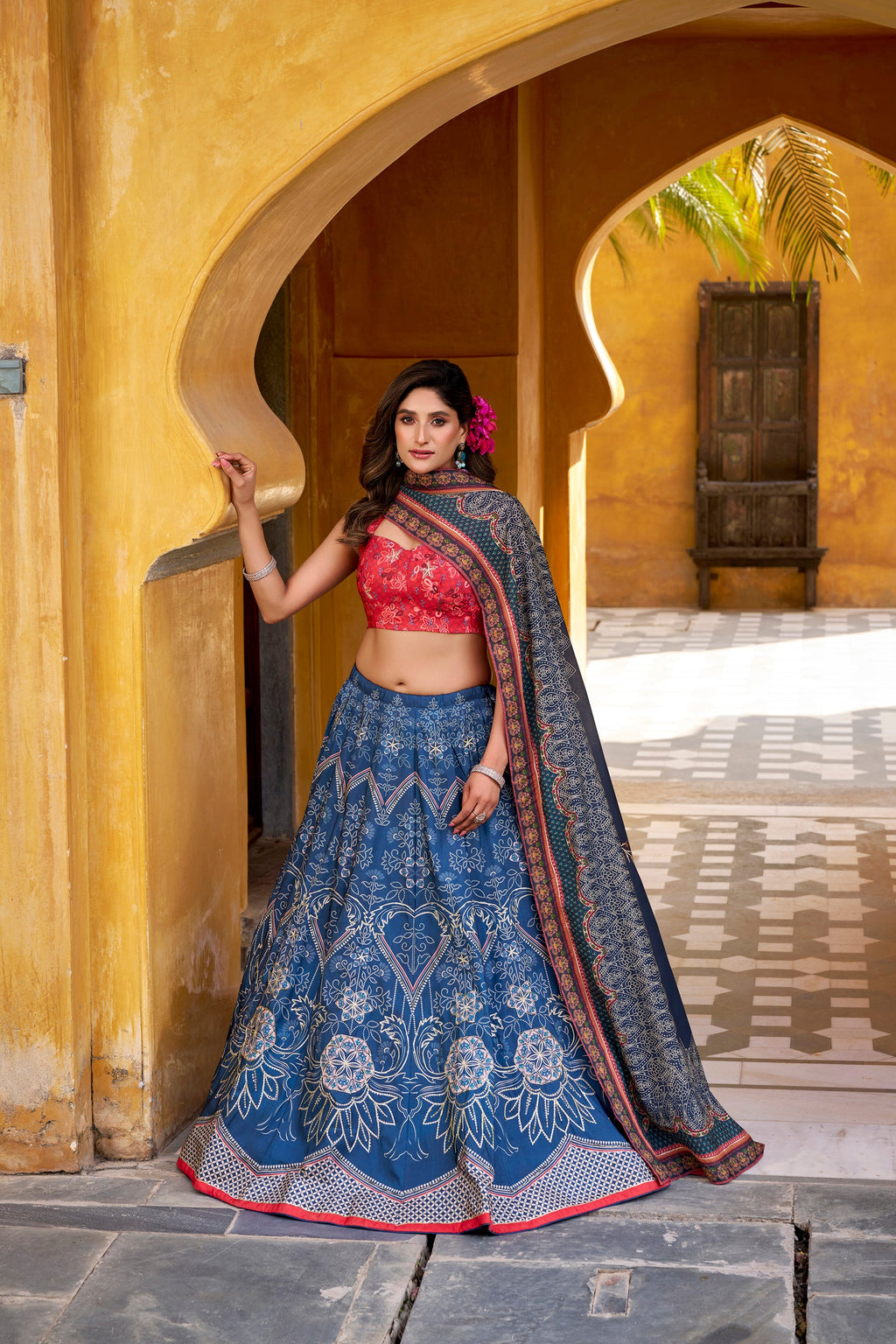 Lorenvalley Fashion Blue Vaishali silk Printed with Beads Work and Gota Patti Lace Lehenga Choli with Dupatta - Distacart