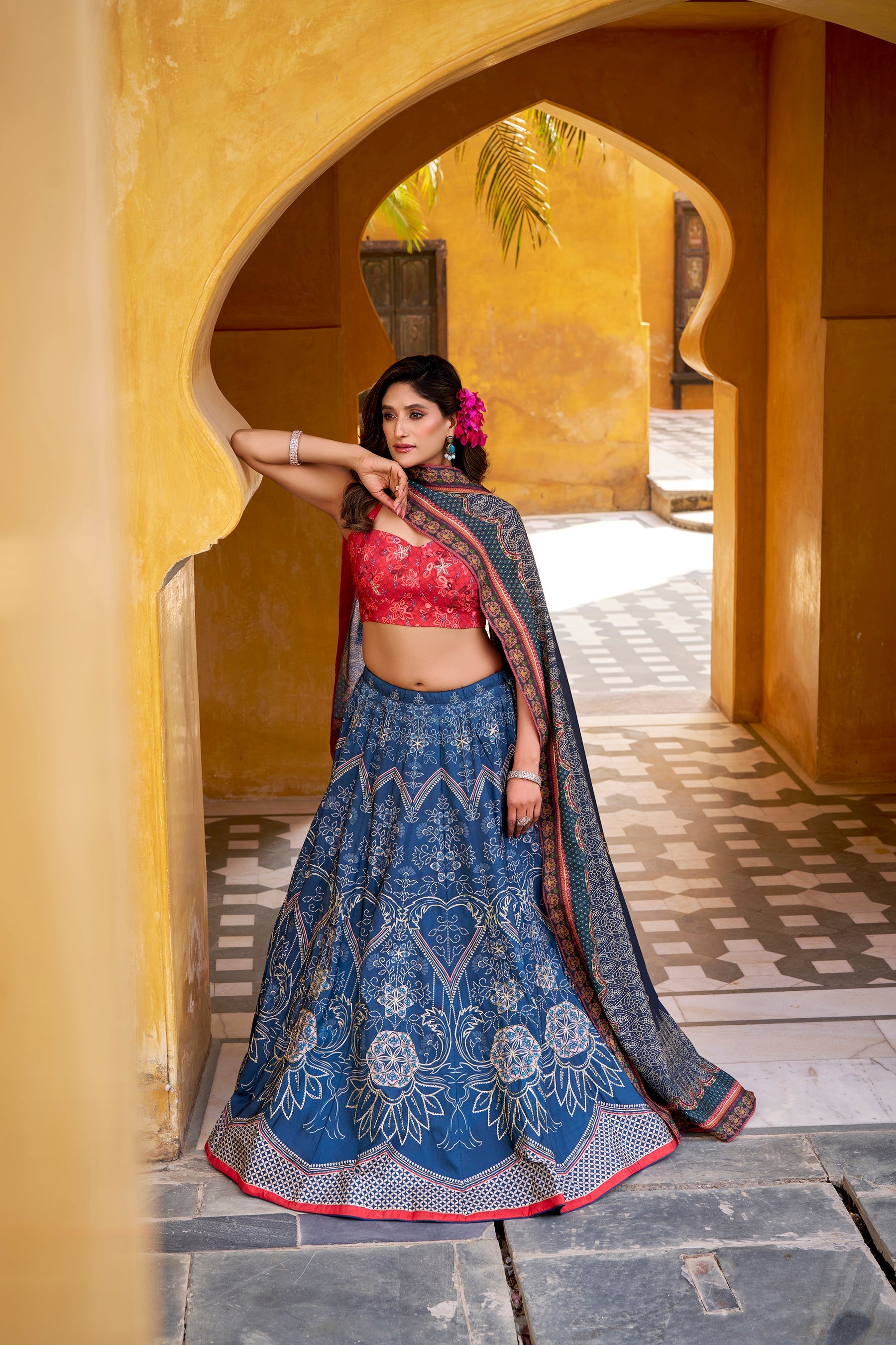 Lorenvalley Fashion Blue Vaishali silk Printed with Beads Work and Gota Patti Lace Lehenga Choli with Dupatta - Distacart